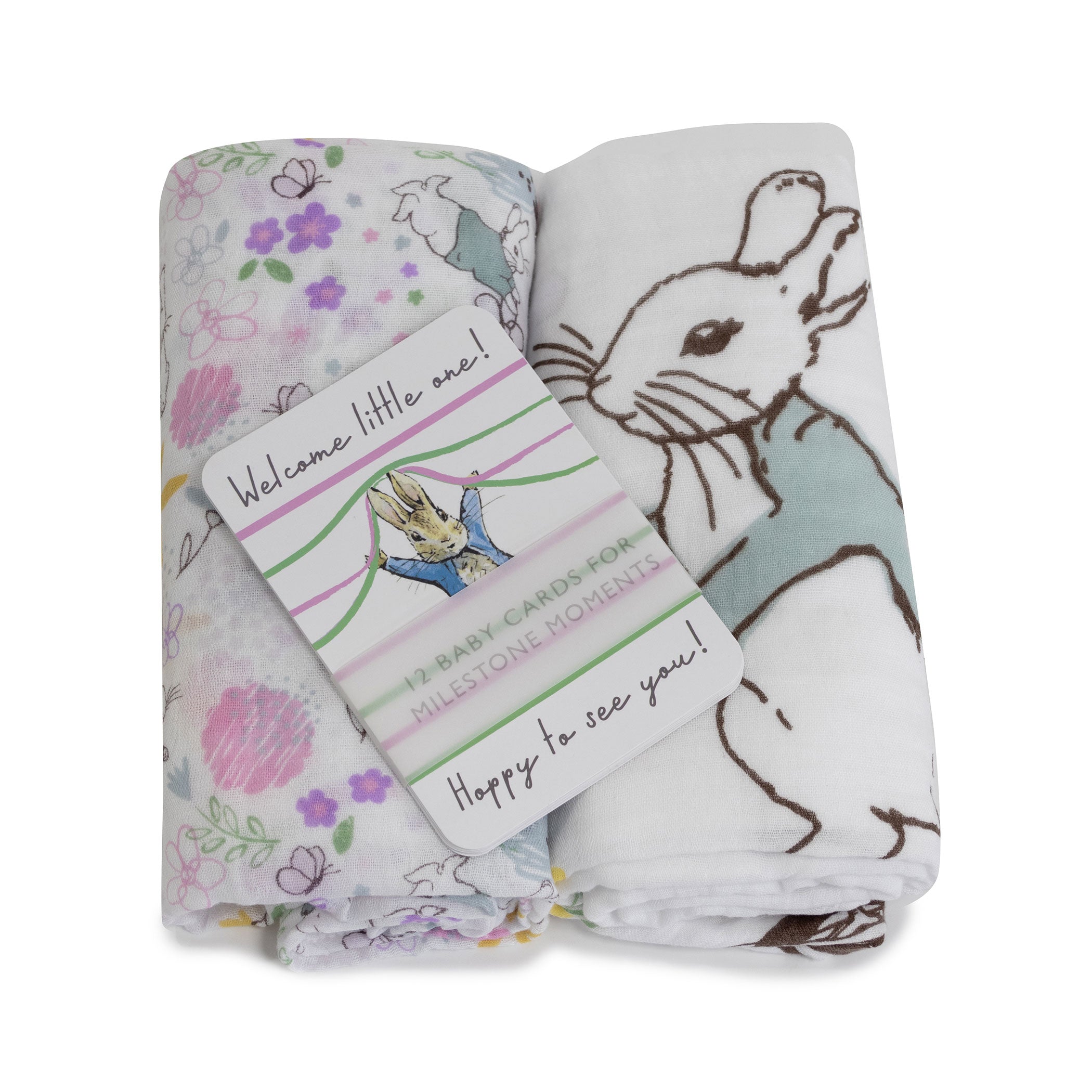 Peter Rabbit 'New Adventure' 2-Pack Muslin Swaddle Blankets & Baby Milestone Cards Set - Pink | Soft Cotton Baby Shower Gift for Newborns, Photography Props & Nursery Essentials