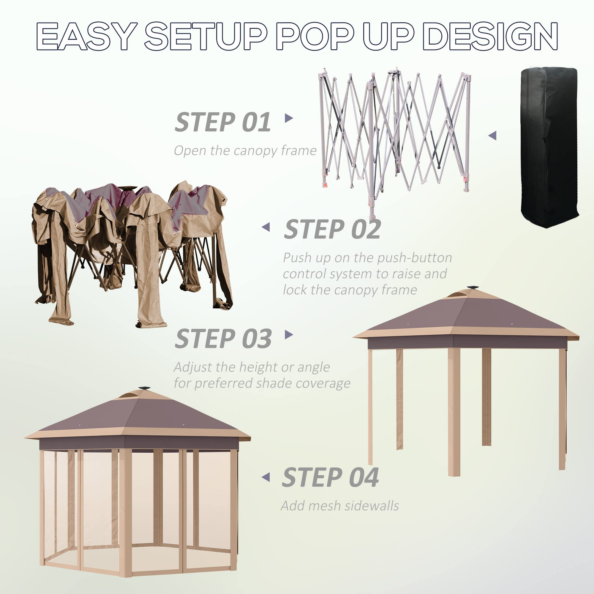 Outsunny 11' x 13' Hexagonal Pop Up Gazebo with Mosquito Netting & Solar LED Lights - Portable Outdoor Canopy Tent for Patio, Backyard, Camping, Picnics - Includes Carry Bag (Beige)