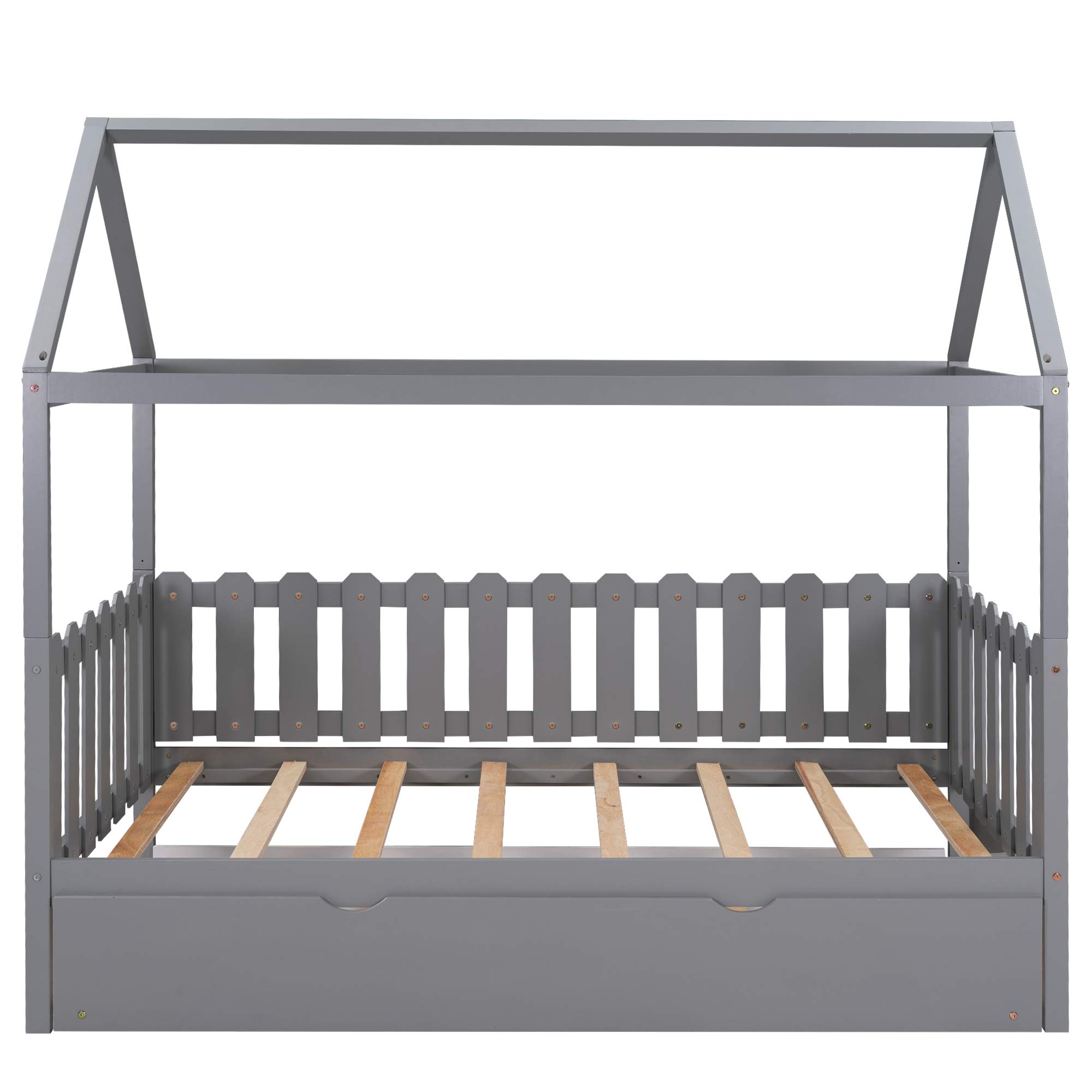 Twin Size Daybed with Trundle - Wooden House Bed with Fence-Shaped Guardrail for Kids, Toddlers, Teens | Safe & Stylish Bed Frame for Boys & Girls (Gray) - Perfect for Bedrooms, Playrooms & Sleepovers