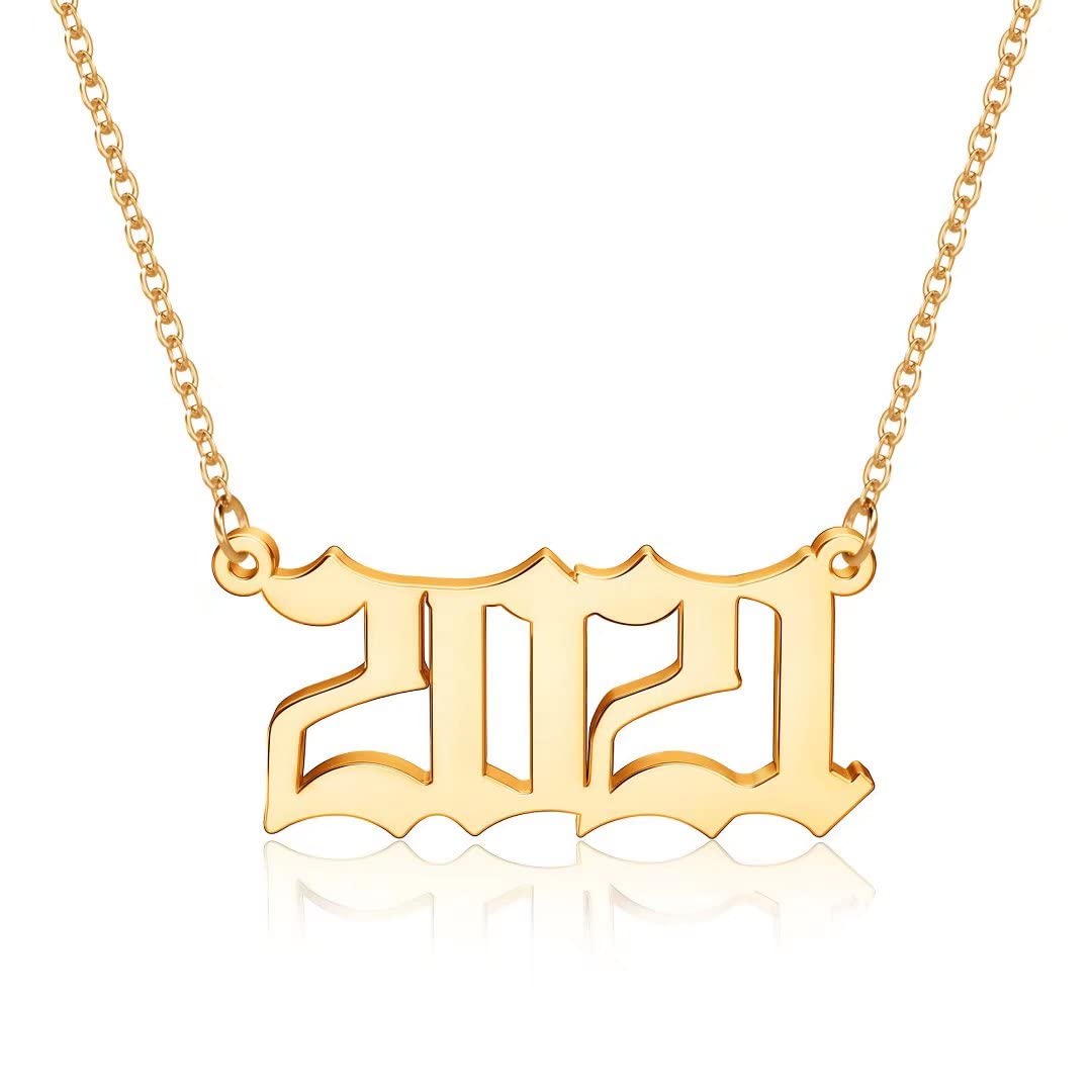 18K Gold Plated Old English Birth Year Necklace for Women - Personalized Jewelry Gift for Birthday, Anniversary (1970-2021) | Elegant Pendant Necklace for Special Occasions & Everyday Wear