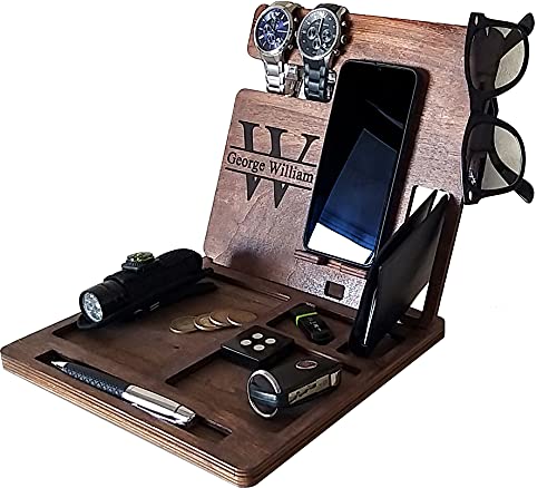 Personalized Wooden Phone Docking Station & Nightstand Organizer - Wooden Charging Stand for iPhone, Samsung, Smartwatch, Jewelry & Accessories | Perfect for Bedside, Office Desk & Home Decor