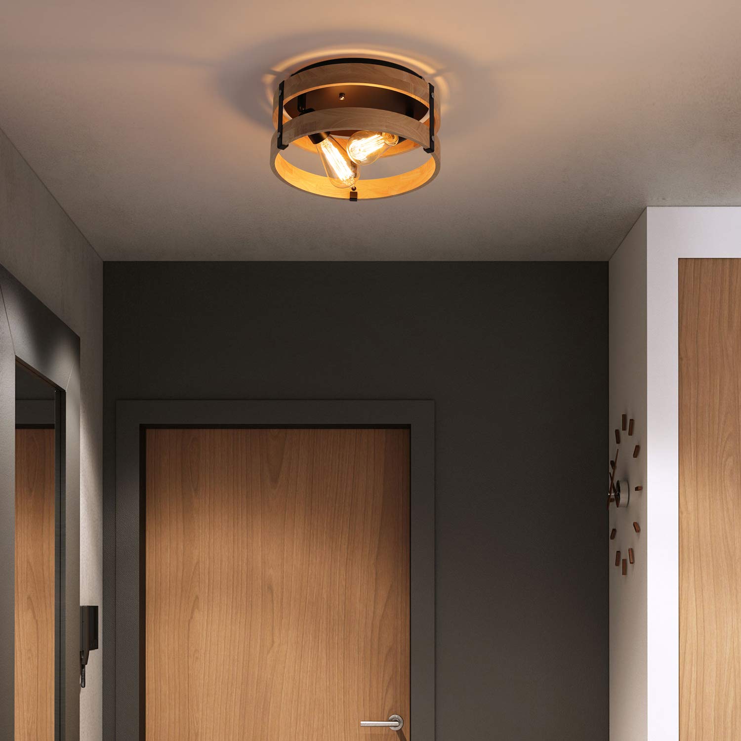 Modern Farmhouse Flush Mount Ceiling Light - 2-Light Round Drum Fixture with Rustic Wood & Black Metal - Perfect for Hallway, Bedroom, Kitchen & Entryway Lighting - Warm Light Yellow Wood Finish for Cozy Home Decor