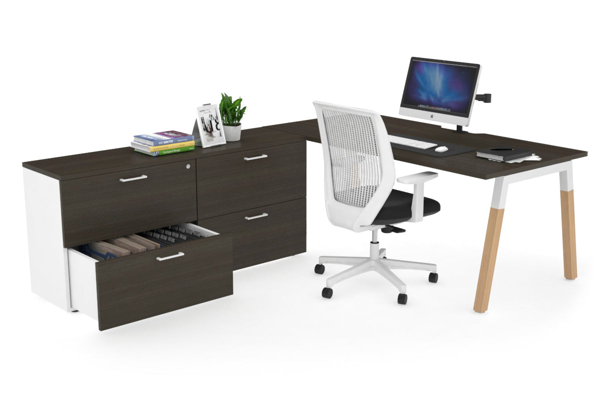 Premium Quadro A-Legs Executive Desk - Solid Wood Legs with White Cross Beam [1600L x 800W] - Modern Office Furniture for Home & Workspace - Includes Cable Management Scallop for Neat Setup