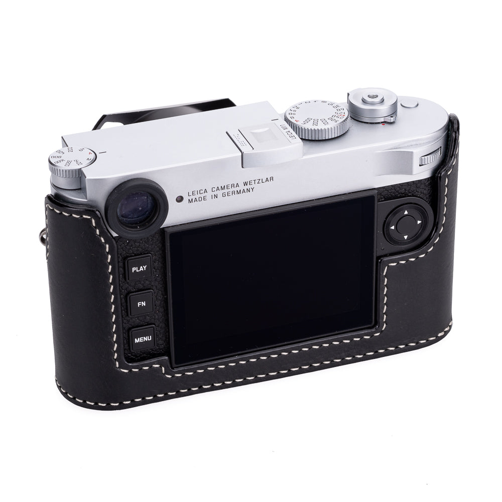 Arte di Mano Premium Leather Half Case for Leica M11 Camera - Minerva Black with White Stitching | Advanced Battery Access Door | Perfect for Street Photography & Travel Protection