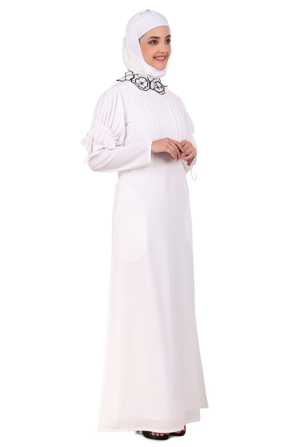 Elegant White Embroidered Floral Neck Abaya Dress for Women - Perfect for Prayer, Eid, and Special Occasions