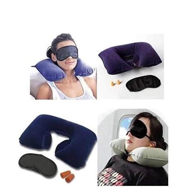 Muhoort 3-in-1 Air Travel Kit - Inflatable Neck Pillow, Soft Cotton Earplugs & Breathable Polyester Eye Mask (Multiple Colors) - Perfect for Long Flights, Business Trips & Relaxation