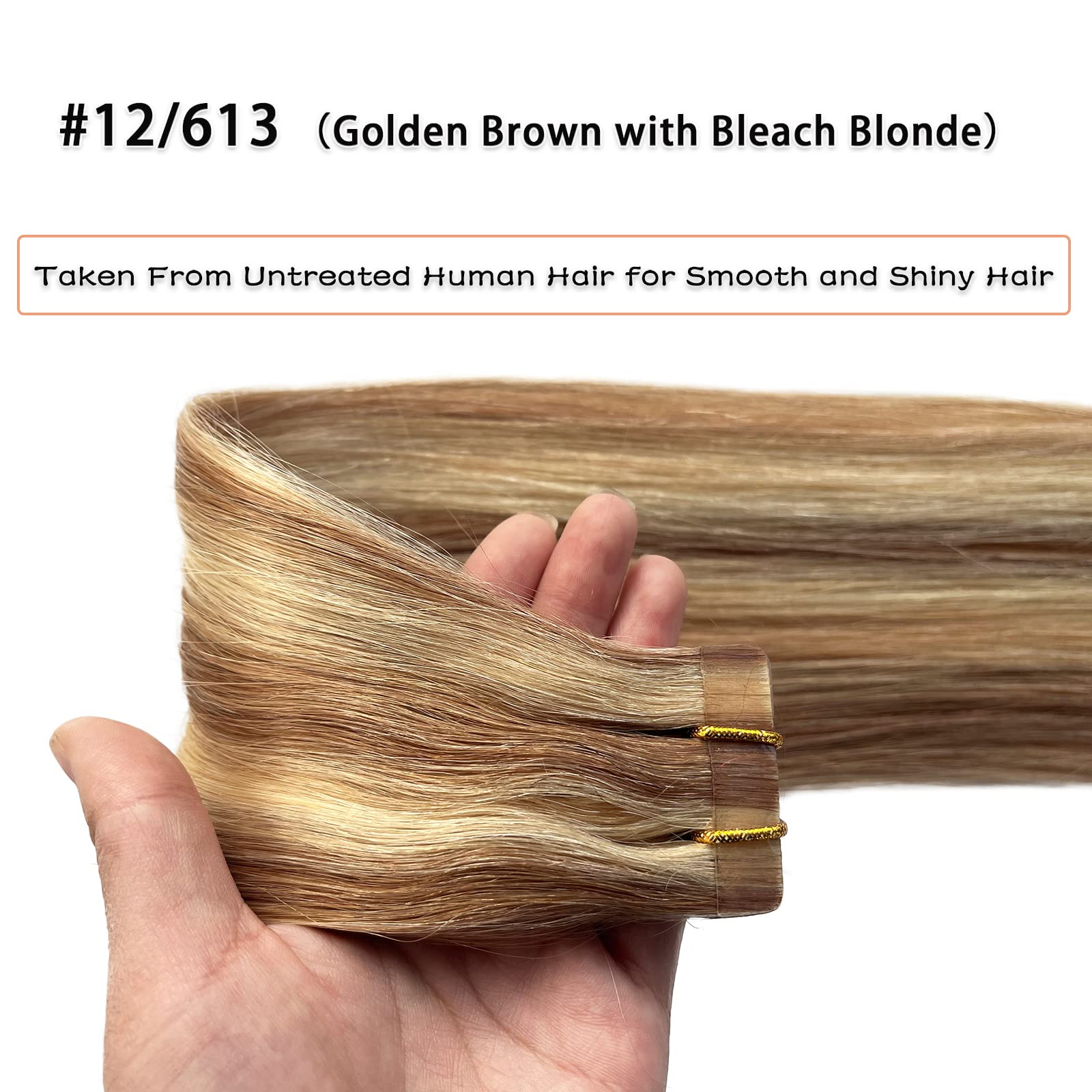 Remy Tape-in Human Hair Extensions - Golden Brown with Bleach Blonde Highlights Balayage | Natural Skin Weft Real Hair Extensions for Women | Perfect for Daily Wear, Special Occasions & Styling