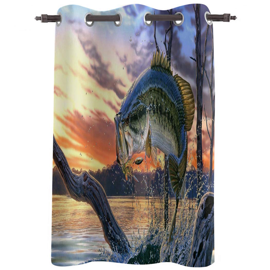 Blackout Curtains for Kids Room - Fierce Bass Fish Biting Fishhooks Printed Grommet Drapes (52x36in, 1 Panel) | Darkening Window Treatment for Bedroom, Living Room & Office | Perfect for Boys/Girls Nursery & Game Room Decor