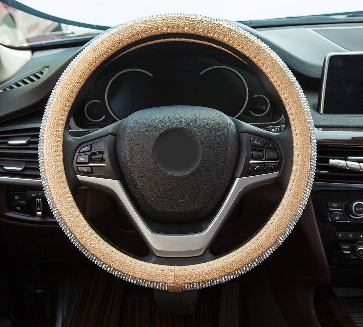 Diamond Rhinestone Leather Steering Wheel Cover - Universal 15 Inch Fit for Cars, SUVs & Trucks - Bling Crystal Design for Women & Girls (Gold) - Perfect for Luxury Cars, Gifts & Special Occasions