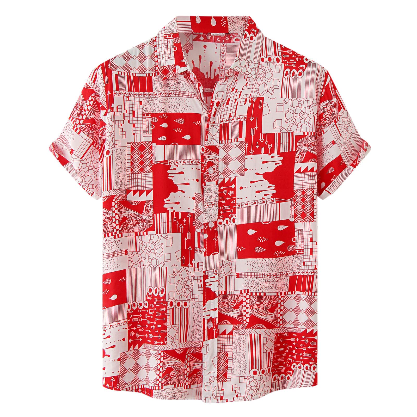 Men's Short Sleeve Geometric Print Casual Shirt - Cotton Summer Tee with Point Collar | Perfect for Outdoor Activities, Beach Wear & Daily Fashion