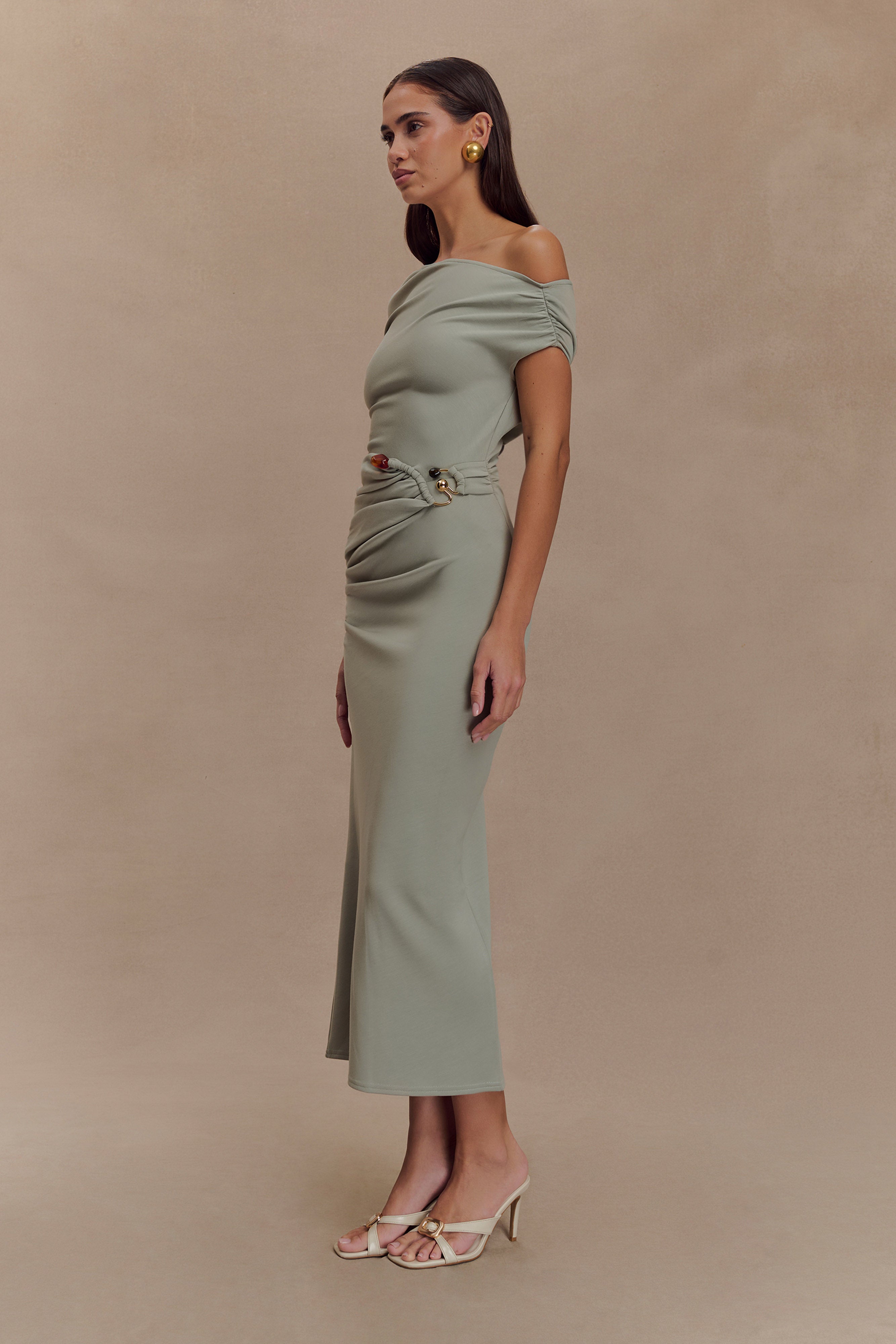 Kendra Scuba Jersey Midi Dress with Hardware in Sage Green - Perfect for Casual Outings, Beach Vacations & Summer Parties