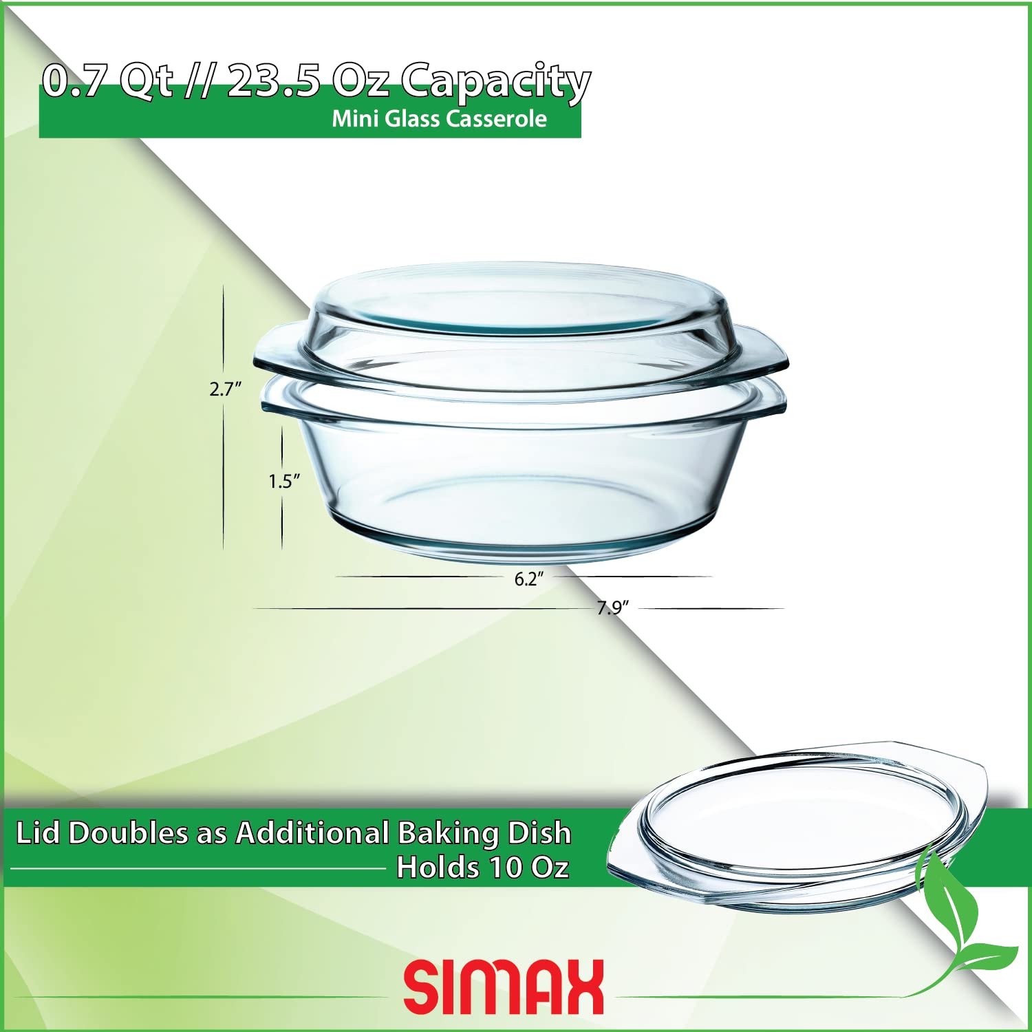 Simax 24oz Round Borosilicate Glass Casserole Dish with Lid - Oven, Microwave & Freezer Safe - 0.75 Qt European-Made Baking Dish for Casseroles, Lasagna & Meal Prep