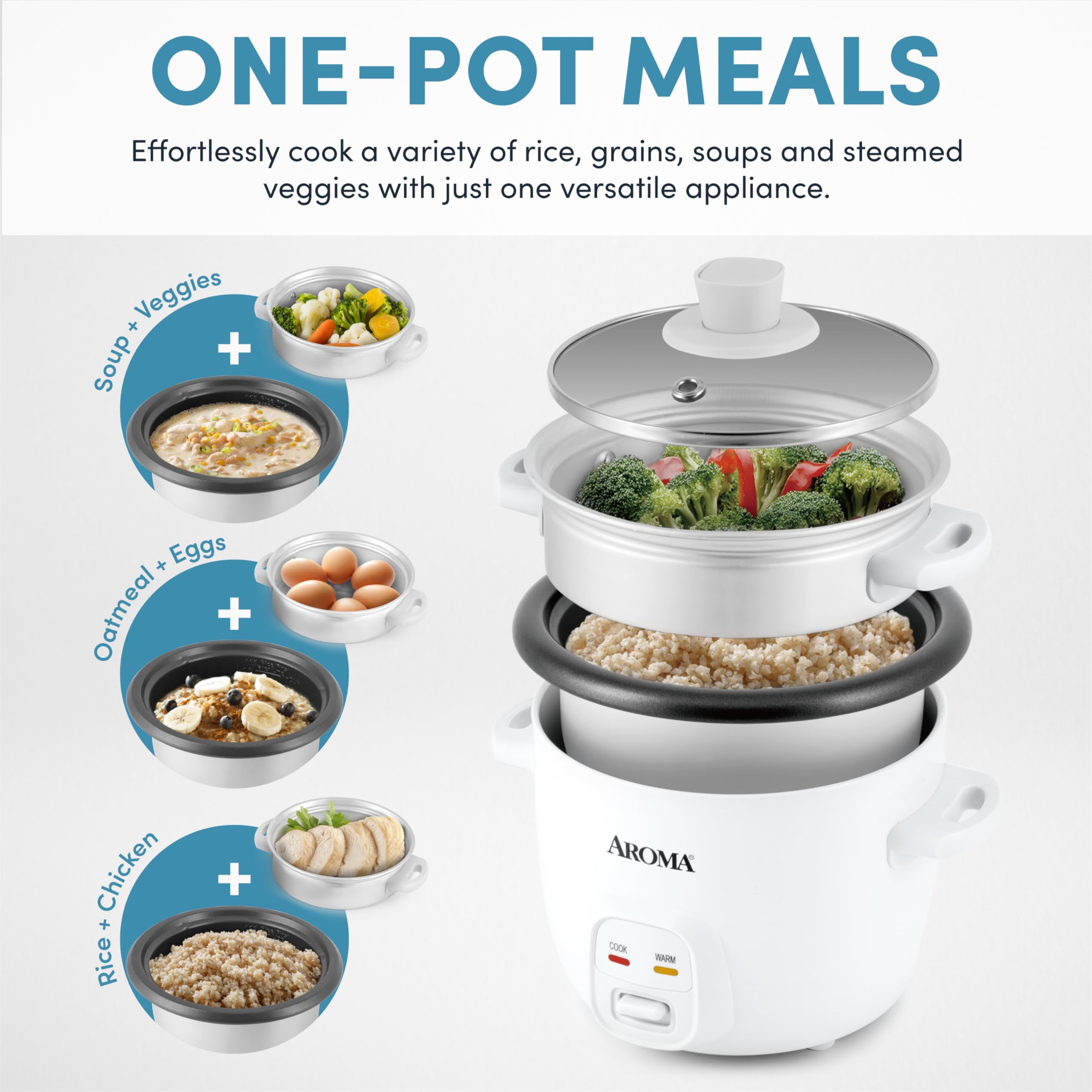 AROMA® 2-Cup (Uncooked) / 4-Cup (Cooked) Rice Cooker with Steamer - Multi-Function Grain & Oatmeal Cooker, Soup Maker, Auto Keep Warm - 1 Qt White (ARC-302-1NG) - Perfect for Small Kitchens, Dorms & Quick Meals