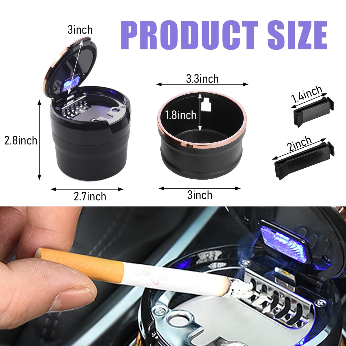 Premium Car Ashtray with Lid & LED Light - Detachable Auto Cup Holder Ashtray for Vehicles - Universal Car Accessories for Home, Office & Travel - Rose Gold (Perfect for Smokers On-The-Go & Road Trips)