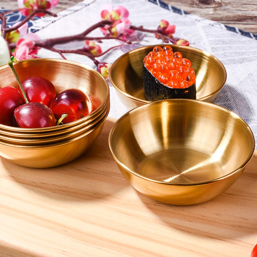 Premium Japanese Stainless Steel Soy Sauce Dishes Set of 6 - Round Sushi Dipping Bowls for Asian Cuisine, Mini Appetizer Plates & Ice Cream Serving - Elegant Gold Kitchenware for Restaurants, Sushi Bars & Home Dining
