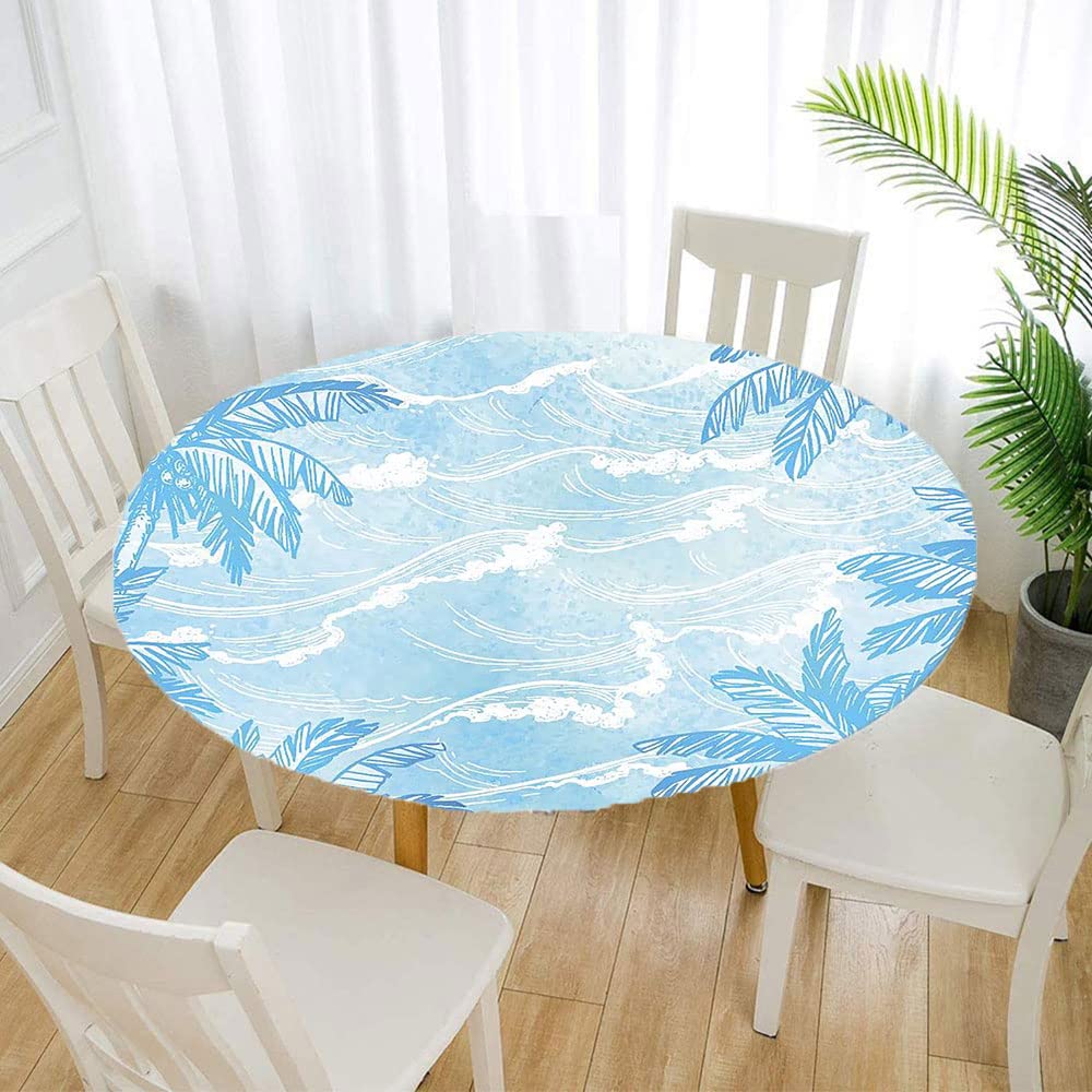 Ocean Themed Round Tablecloth with Elastic Edge - 3D Printed Marine Design for 32 Inch Dining Tables - Perfect for Buffet Parties, Camping & Outdoor Dining