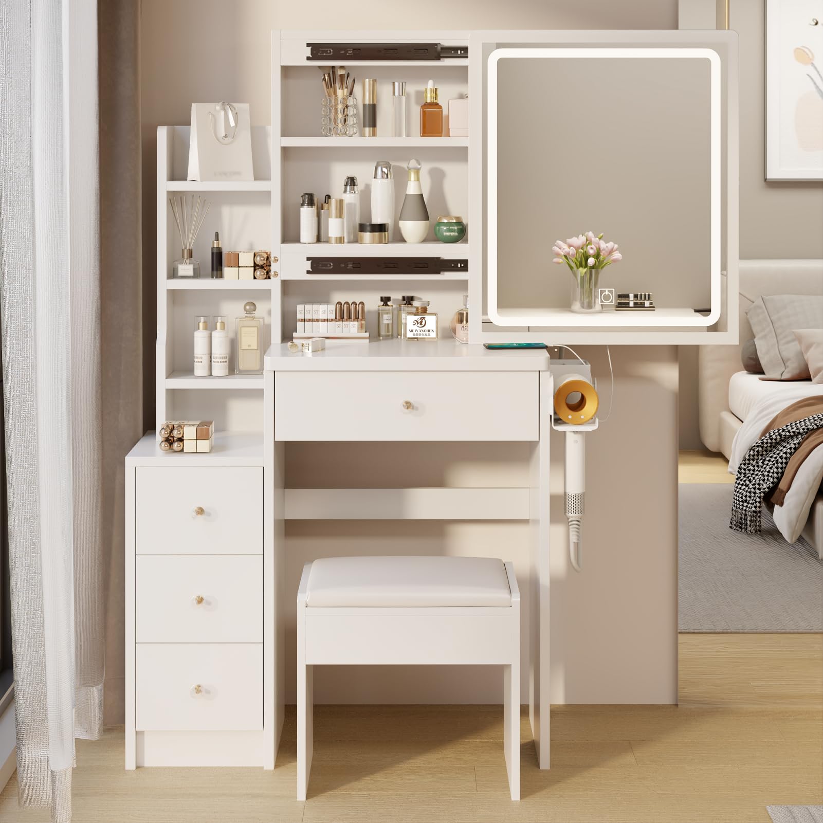 HOUAGI White Makeup Vanity Desk with Mirror & Lights for Small Bedroom - Perfect Dressing Table Set