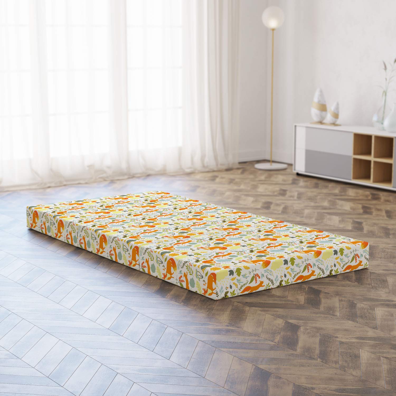 Ambesonne Foldable Mattress - Woodsy Botanical & Animal Print, 74.8