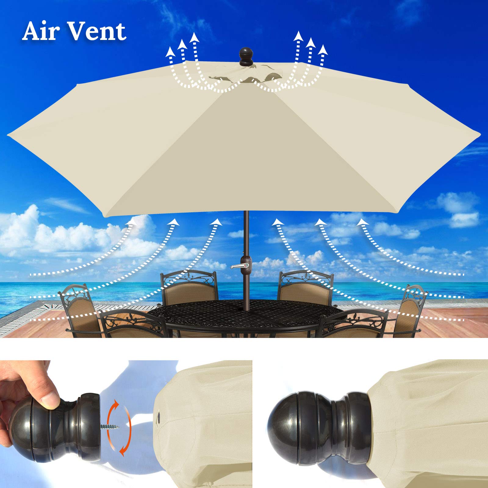 BenefitUSA 9' LED Solar Powered Patio Umbrella with Tilt Function - Waterproof Outdoor Sun Shade for Garden, Balcony, Poolside & Backyard (Perfect for Picnics, BBQs and Outdoor Dining)