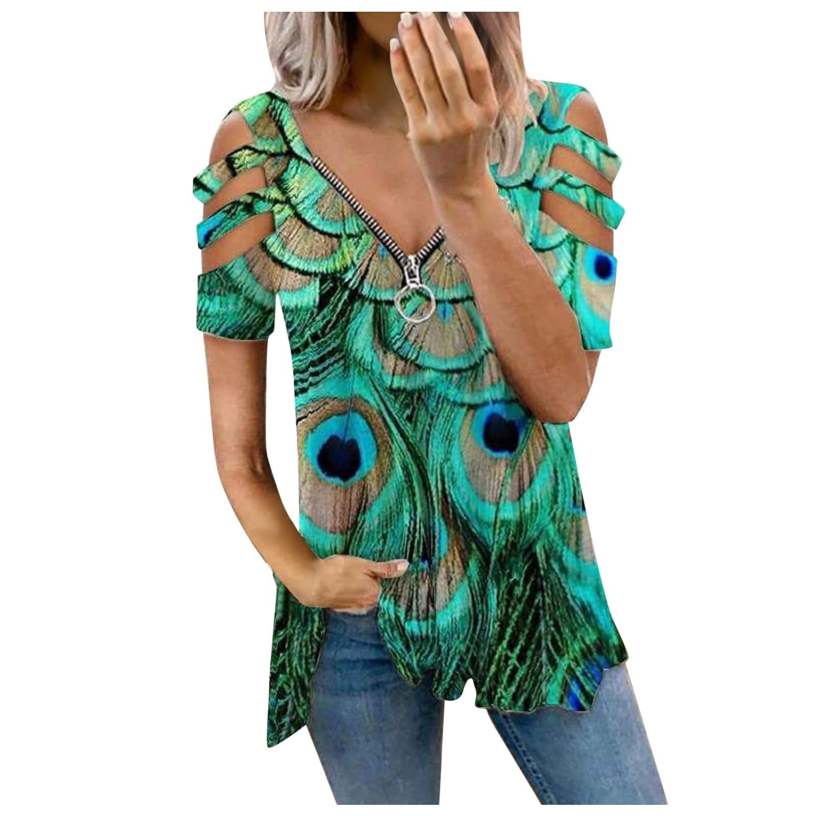 Trendy Women's Cold Shoulder Tops - Summer Tie Dye Graphic Tees with V-Neck & Hollow Out Design | Casual Short Sleeve Shirts for Beach, Party & Everyday Wear