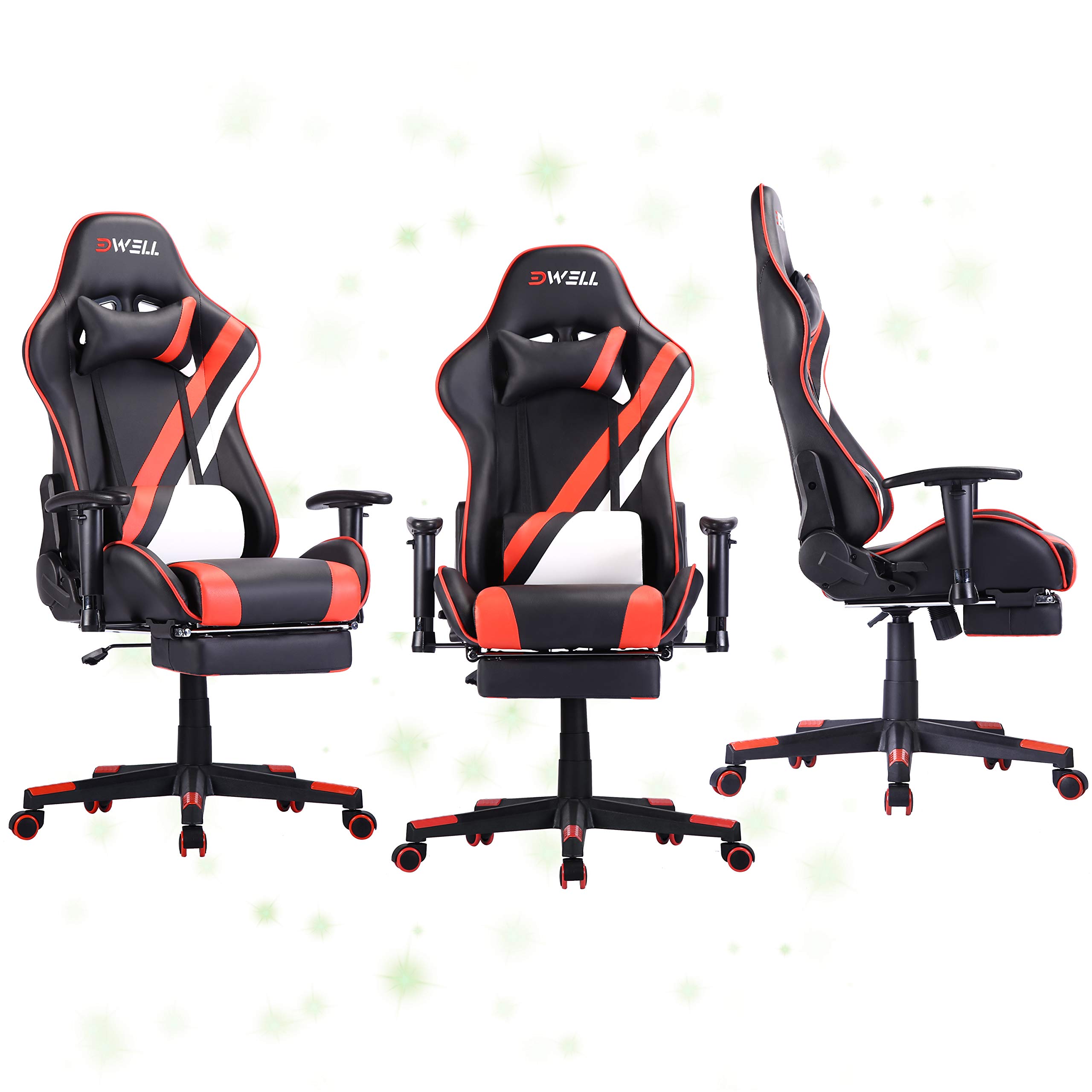 EDWELL Ergonomic Gaming Chair with Adjustable Footrest, Headrest & Lumbar Support - PU Leather Computer Office Desk Chair for Adults & Gamers (Bright Red) - Perfect for Esports, Streaming & Long Work Sessions
