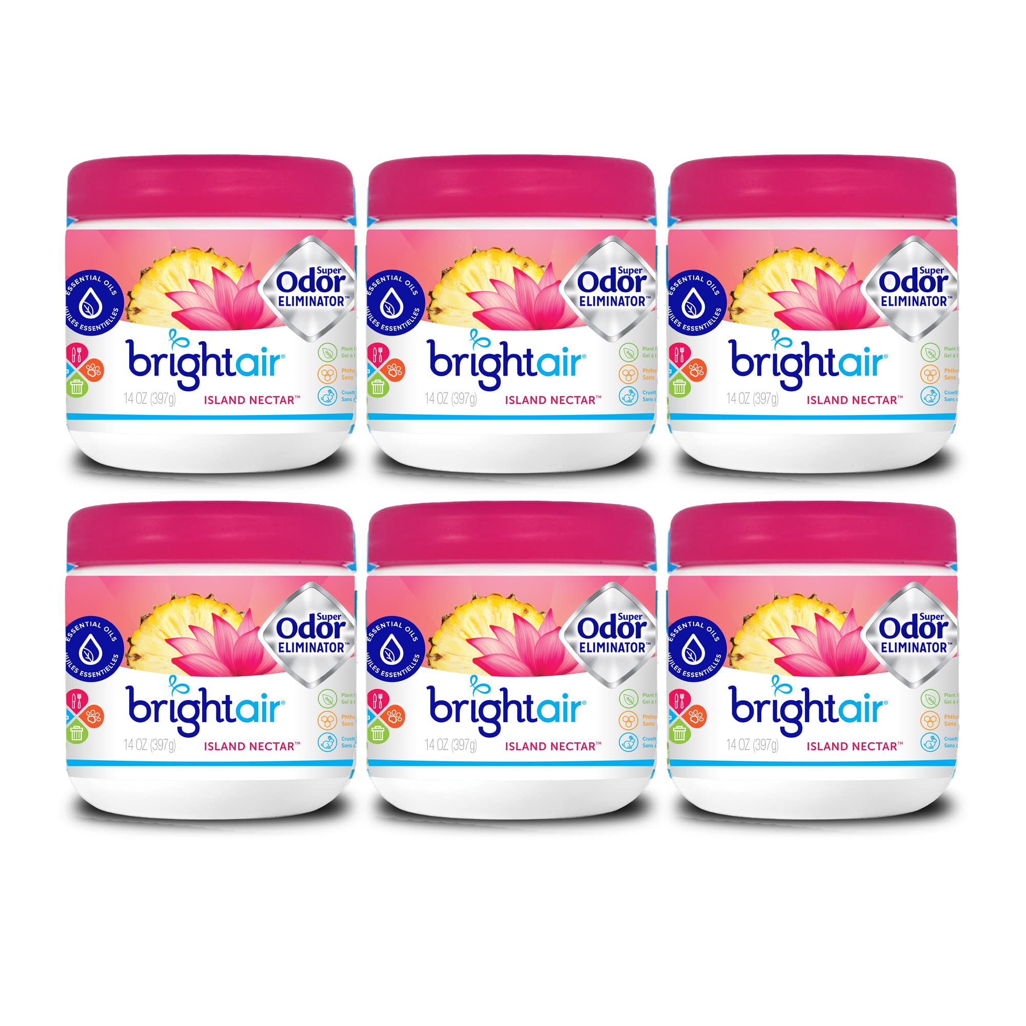 Bright Air Solid Air Freshener & Odor Eliminator - Island Nectar & Pineapple Scent (14oz, 6-Pack) for Home, Office, Car & Bathroom - Long-Lasting Fragrance & Odor Control