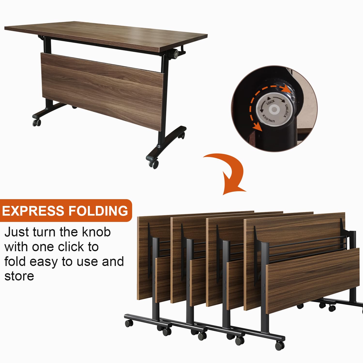 Foldable Conference Tables 4-Pack - 55.1x23.6x29.5 Inch Mobile Meeting Tables with Silent Locking Wheels & Flip Top Design - Modern Portable Seminar Training Tables for Office, Classroom, Event Space & Business Meetings