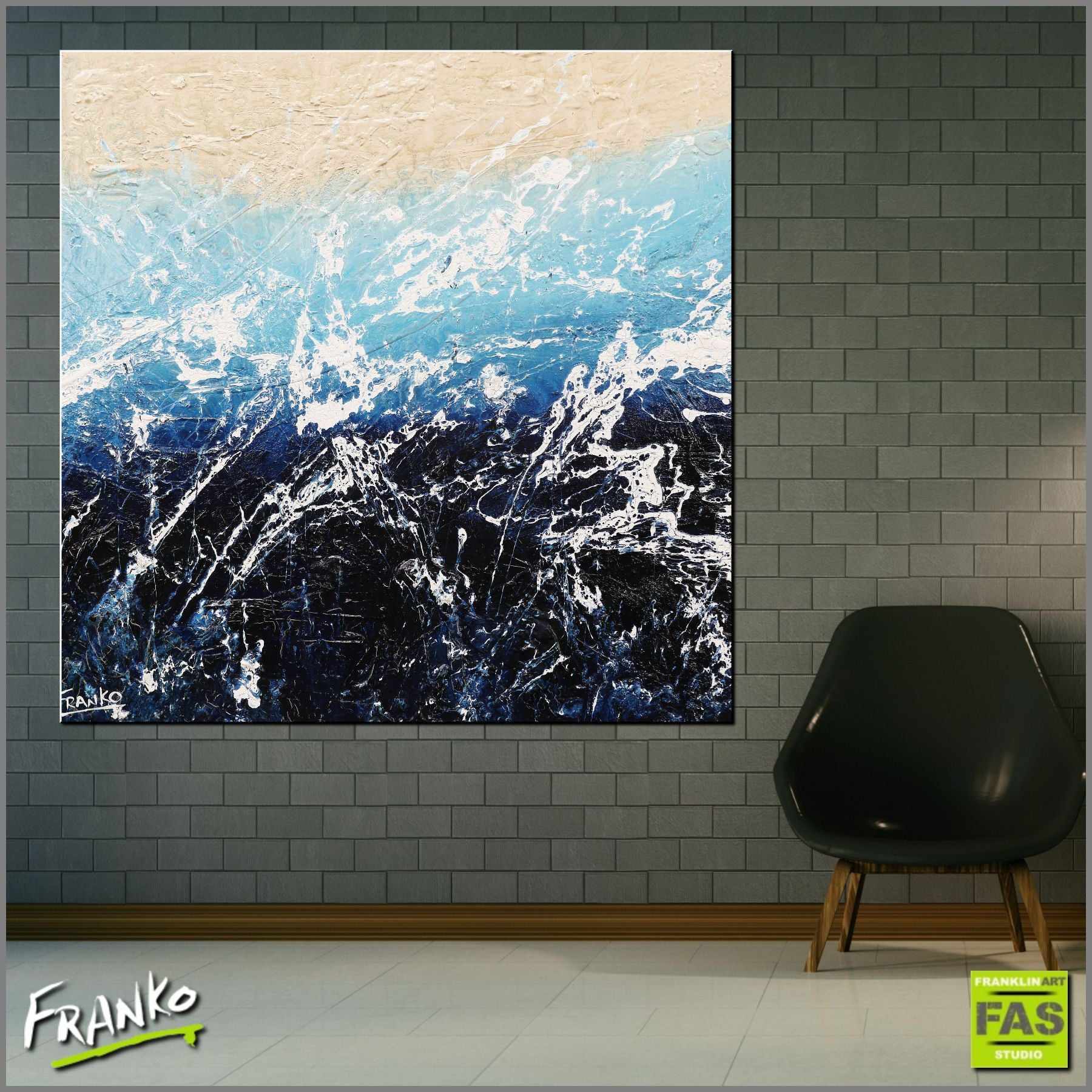 100cm x 100cm Blue Abstract Canvas Wall Art - Modern Hand Painted Oil Painting for Living Room, Bedroom & Office Decor