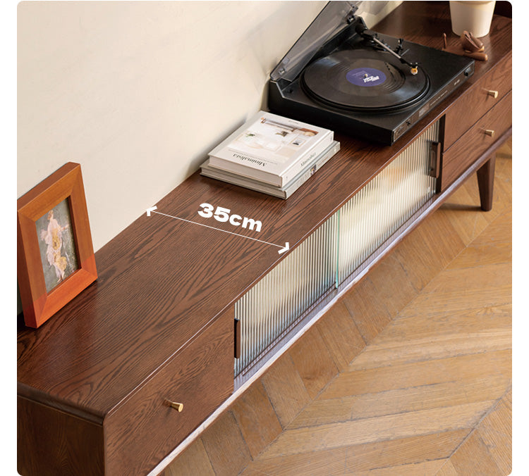 Solid Oak Wood TV Stand with Glass Sliding Doors - Modern Entertainment Center for Living Room, Bedroom & Home Theater