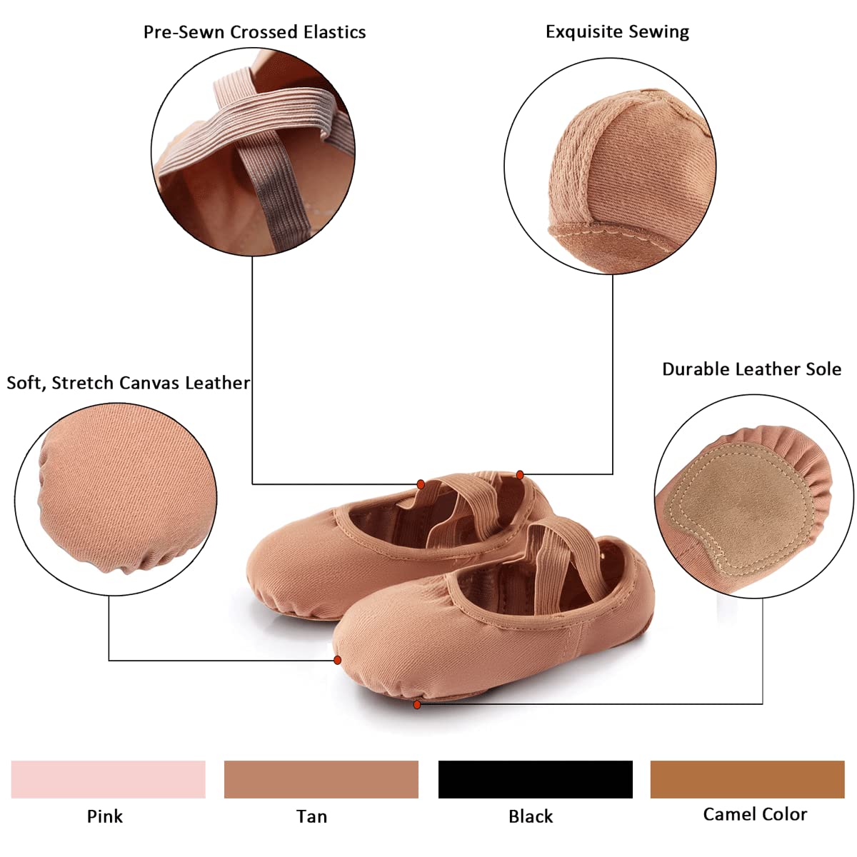 Girls Women Ballet Shoes Stretch Canvas Dance Slippers - Split Sole No-Tie Drawstring Ballet Flats for Ballet Class, Practice, Recital & Performance