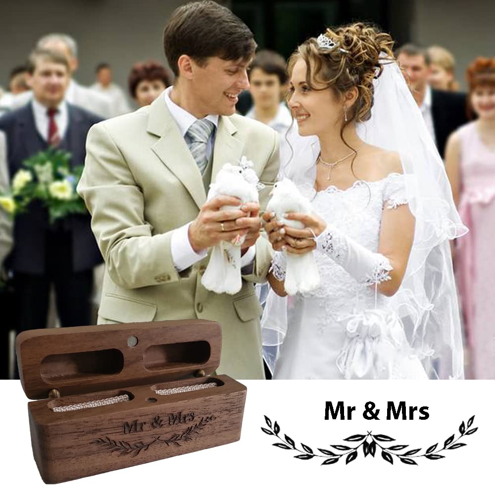 SETOFI Wooden Wedding Ring Box for Mr & Mrs - Elegant Engagement Ring Jewelry Box for Proposals, Ceremonies & Anniversaries - Perfect for Wedding, Engagement & Romantic Gift Giving