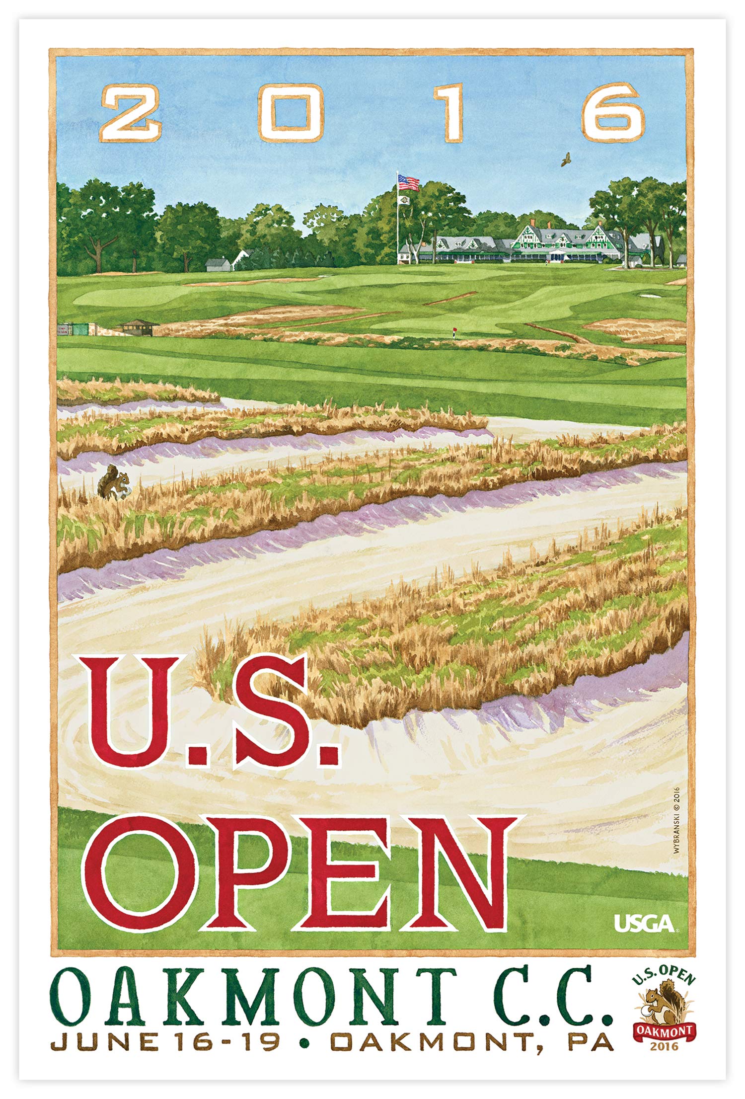 Lee Wybranski Official Golf Art Print - 2017 U.S. Open Championship at Oakmont - 24x36 Inch Framed Canvas Wall Decor - Perfect Golf Gift for Men, Dad, Husband - Ideal for Home, Office, or Man Cave Decor