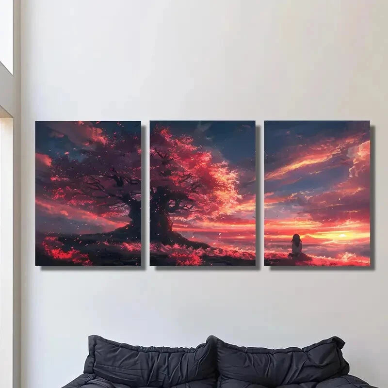 3-Piece Anime Girl Under Cherry Blossom Tree Metal Wall Art Prints - Ready to Hang Home Decor for Living Room, Bedroom & Office