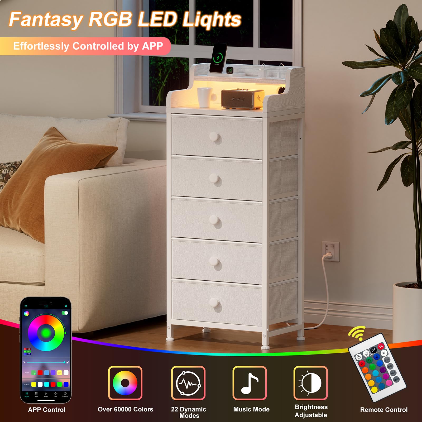 REAHOME 5-Drawer Dresser with Charging Station & LED Lights - White Wooden Chest of Drawers with Shelves, Sturdy Steel Frame & Leather Top - Perfect for Bedroom, Nursery, or Dorm Organization & Storage
