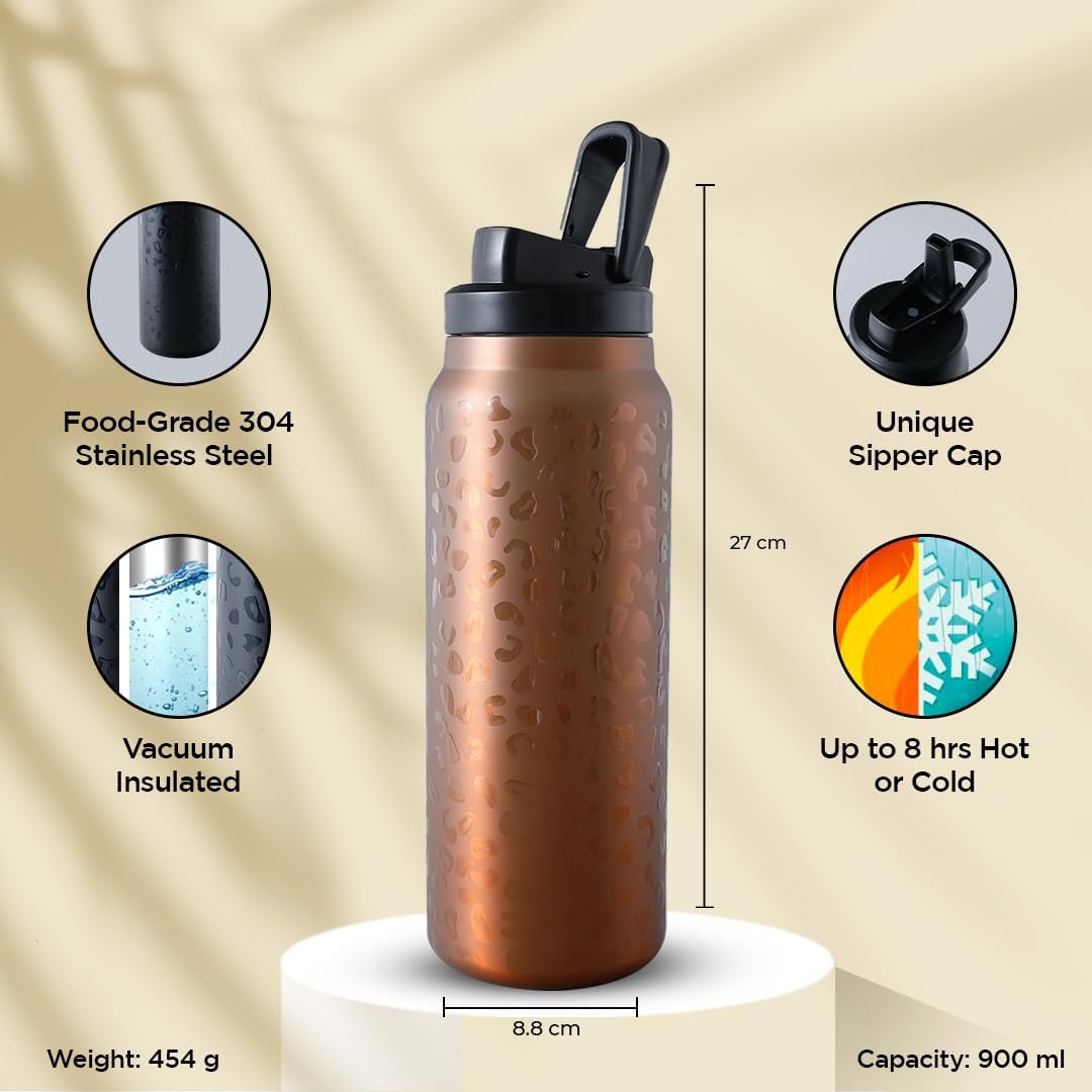 Kuber Industries 900ml Vacuum Insulated Water Bottle - Leopard Print Stainless Steel Travel & Gym Bottle with Sipper Cap | Keeps Hot & Cold for 24 Hours | Perfect for Hiking, Workouts, Office & Outdoor Adventures | Model DA230805 in Golden