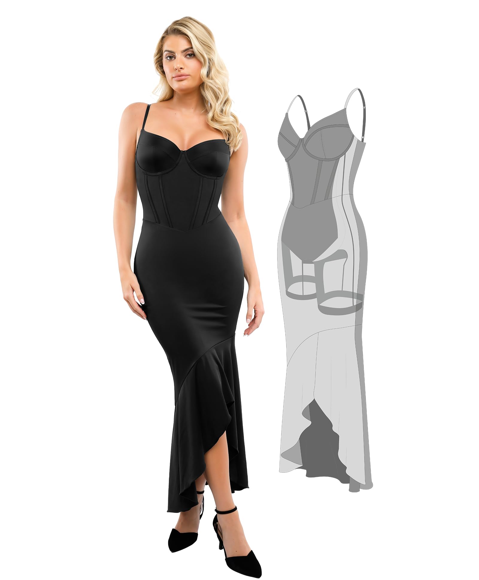 Popilush Corset Dress with Built-in Shapewear - Women's Deep V Neck Maxi Slip Formal Dress for Weddings & Bridesmaids | Perfect for Evening Parties, Prom & Special Occasions