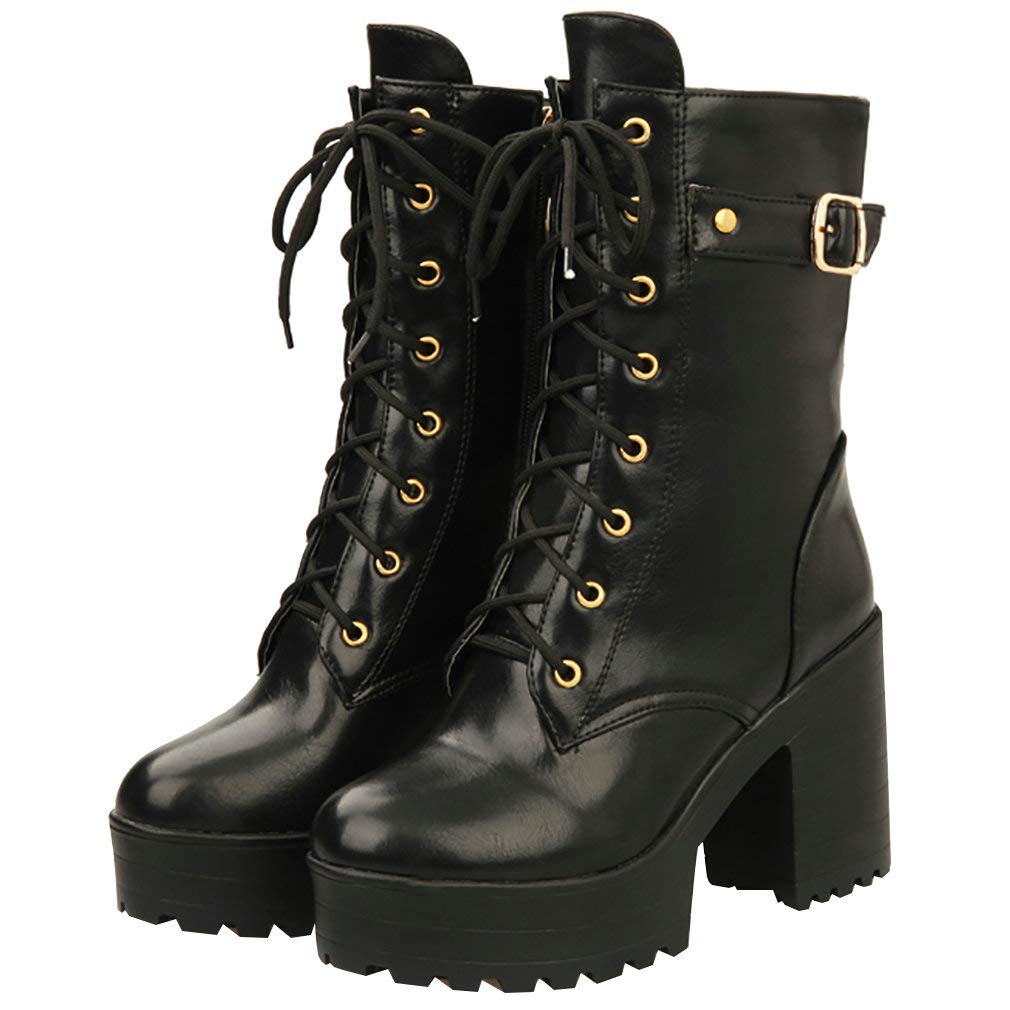 Parisuit Women's Chunky Heel Combat Boots - Lace Up Ankle Boots with Buckle Detail, Platform Goth Motorcycle Shoes for Women | Perfect for Punk Fashion, Night Out & Street Style