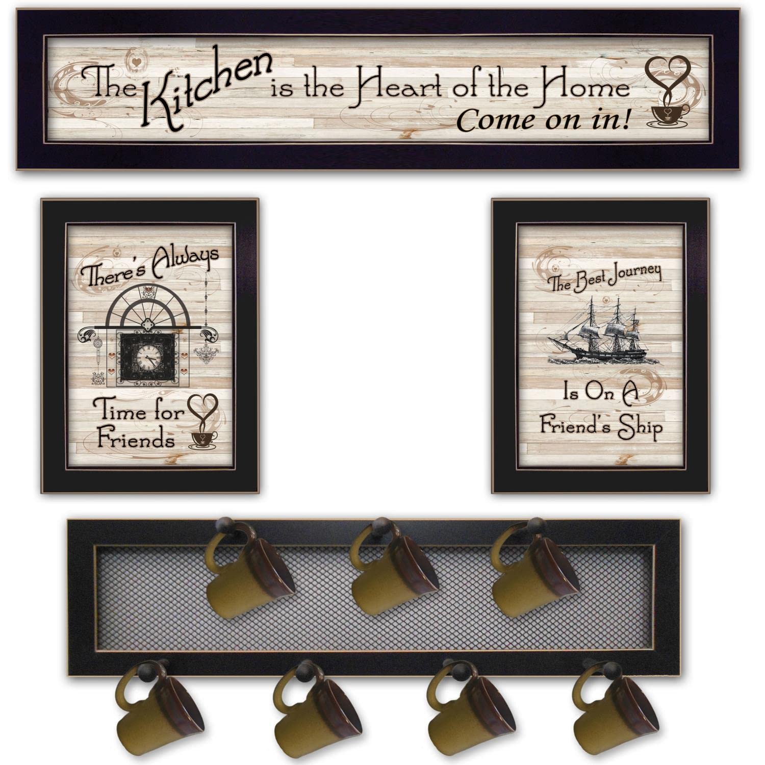 4-Piece Black Wall Mount Mug Rack Set with 7 Pegs - Kitchen Coffee Cup Organizer by Millwork Engineering - Perfect for Small Spaces, Coffee Shops & Home Decor
