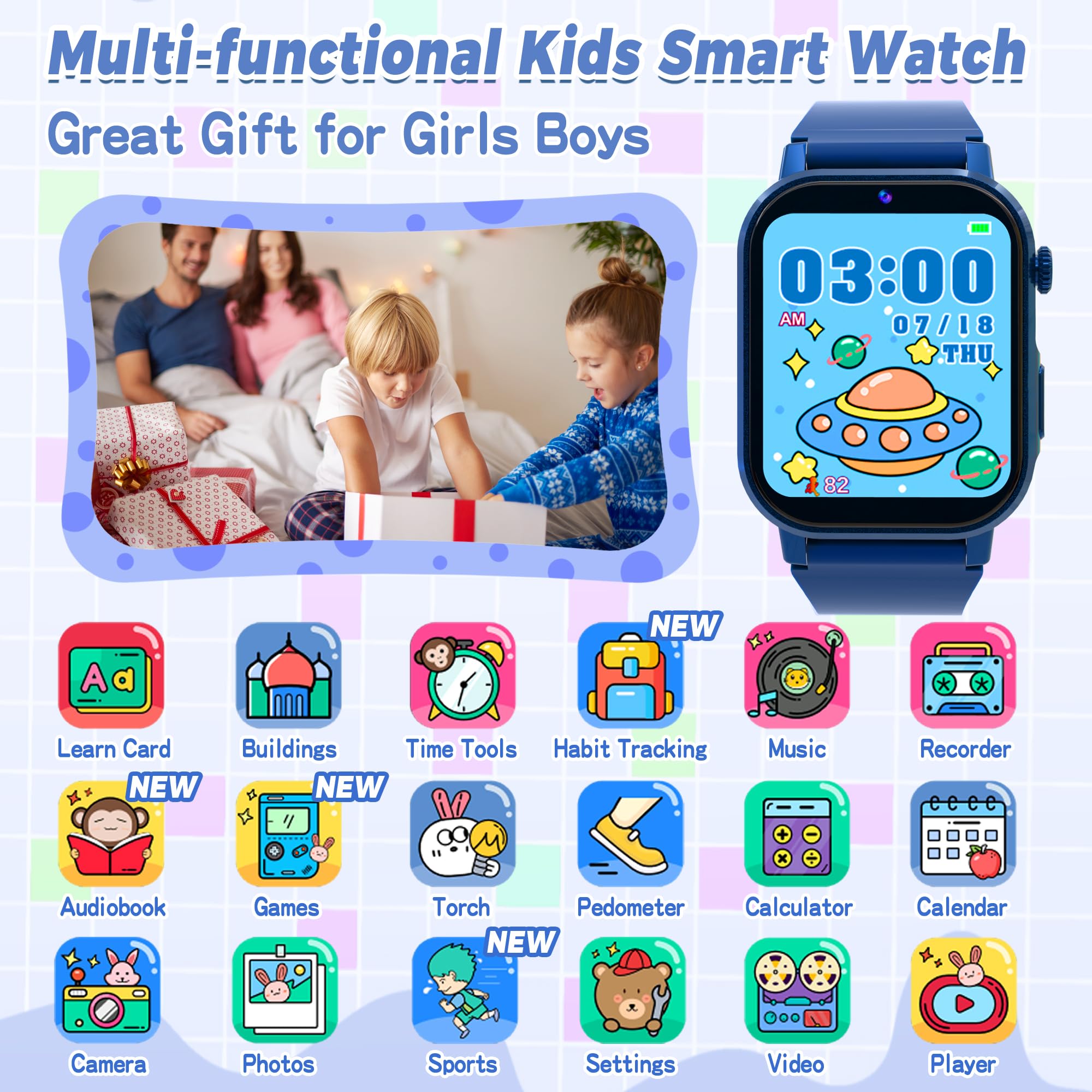 Phyulls Kids Smart Watch with Camera, Music Player, Pedometer & Learning Cards - Waterproof Digital Watch for Boys & Girls Ages 3-12 - Perfect for School, Playtime & Outdoor Activities