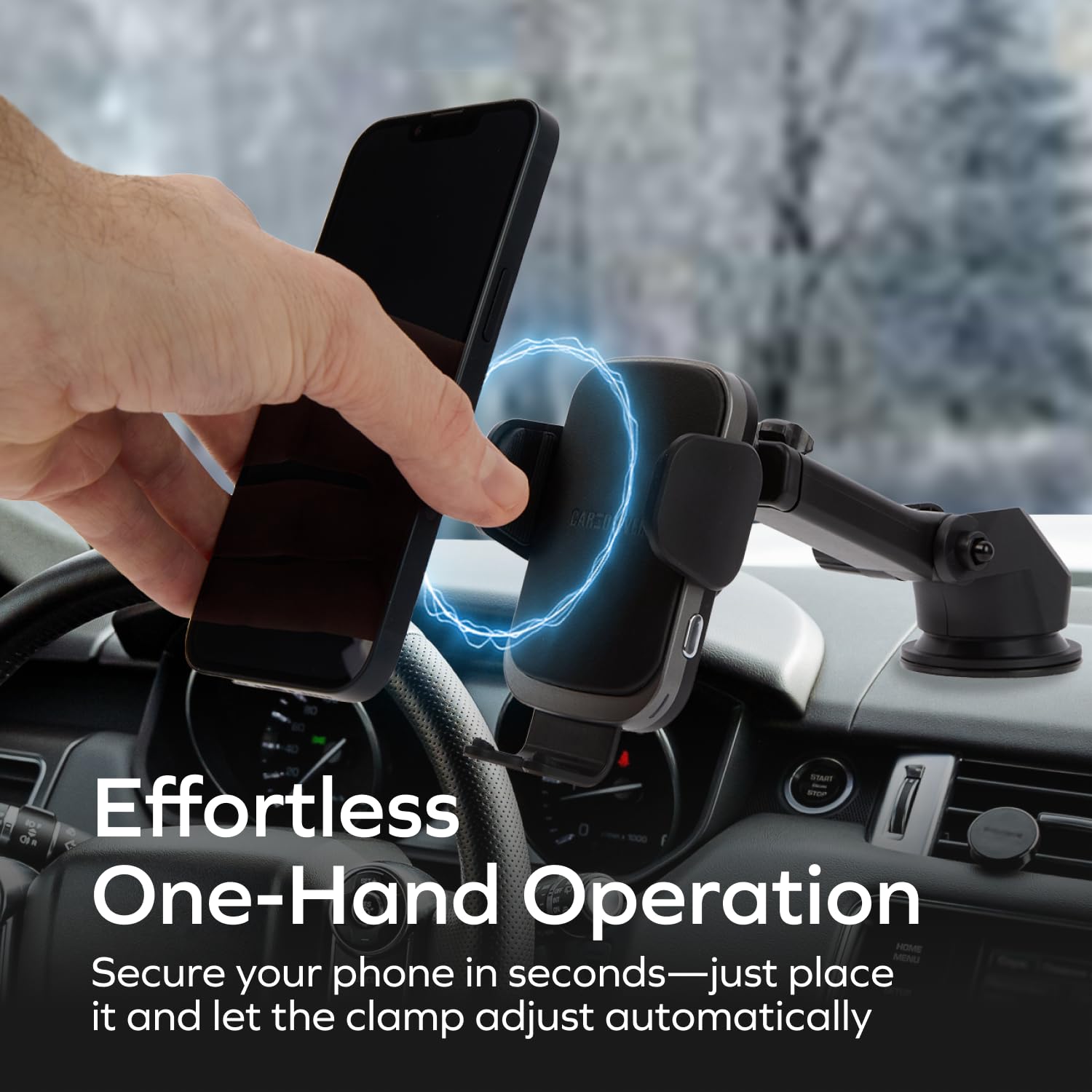 Car and Driver Wireless Charging Mount with Adjustable Arm - USB-C Fast Charger for iPhone & Android Phones - Long Arm Suction Cup for Windshield & Dashboard - Perfect for Road Trips & Commuting