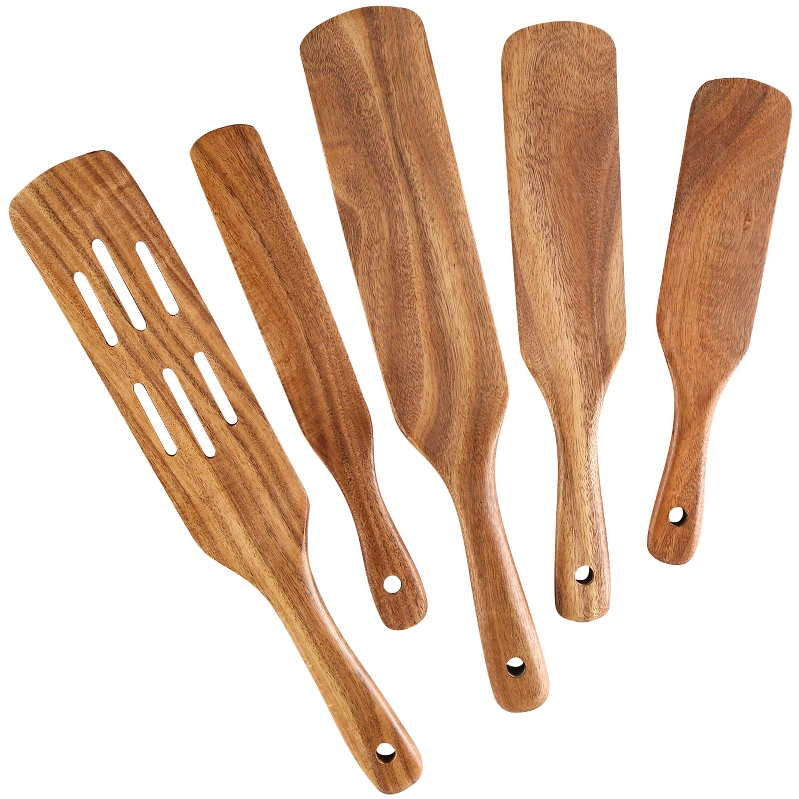 5-Piece Natural Teak Wood Spurtle Set for Cooking - Non-Stick Heat-Resistant Kitchen Utensils for Stirring, Mixing & Serving - Perfect for Sauces, Soups & Pancakes