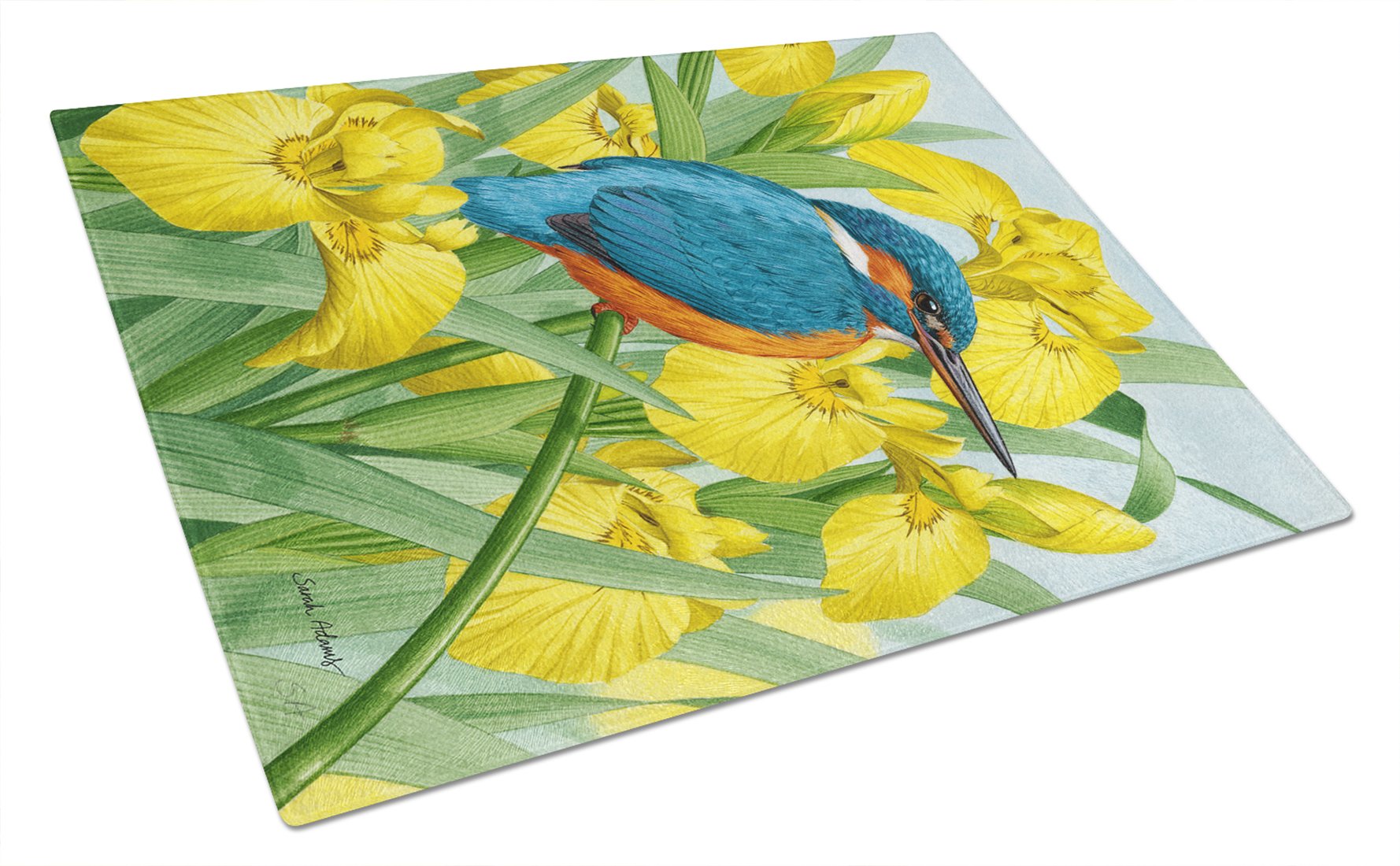 Kingfisher in Yellow Irises Tempered Glass Cutting Board - Large Decorative Kitchen Chopping & Serving Board - Durable Glass Cutting Surface for Fruits, Vegetables & Charcuterie - Perfect for Entertaining & Home Decor