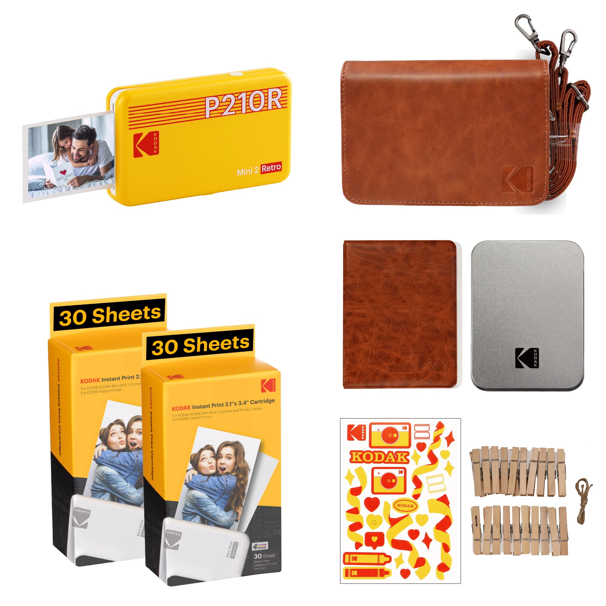KODAK Mini 2 Retro 4PASS Instant Photo Printer - Wireless Portable 2.1x3.4 Inch Zink Printer with 8 Starter + 60 Extra Photo Papers & Gift Bundle (Yellow) - Perfect for Travel, Parties, Scrapbooking & DIY Projects