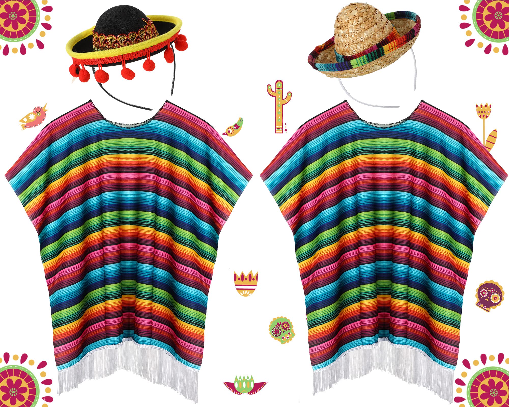 JaGely 4-Piece Cinco De Mayo Mexican Fiesta Costume Set - Serape Poncho, Straw Sombrero & Headbands for Adults & Kids - Perfect for Mexican Themed Parties, Halloween & Festive Celebrations