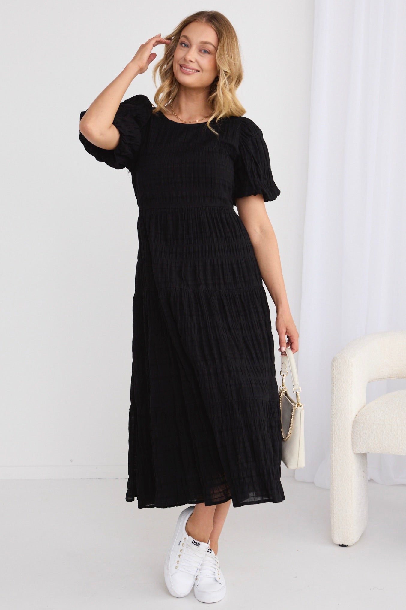 Elegant Black Shirred Cotton Bubble Sleeve Tiered Maxi Dress for Women - Perfect for Summer Beach Vacations, Date Nights & Special Occasions