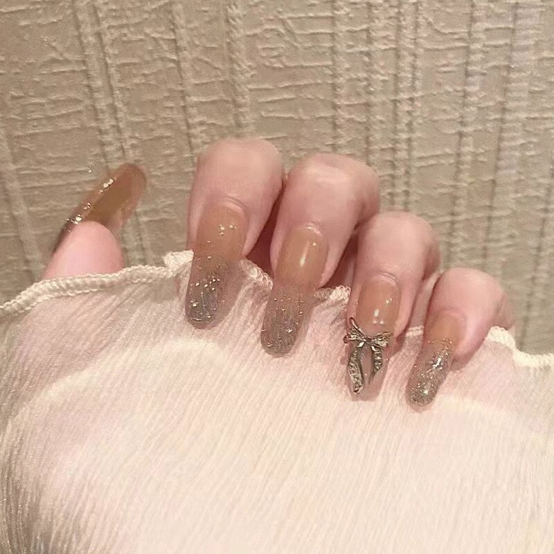 24PCS Glitter Press On Nails - Korean Style Heart Rhinestone Coffin Fake Nails | Full Cover Acrylic Nail Tips for Women | Perfect for Parties, Weddings & Daily Wear | Great Gift Idea for Girls