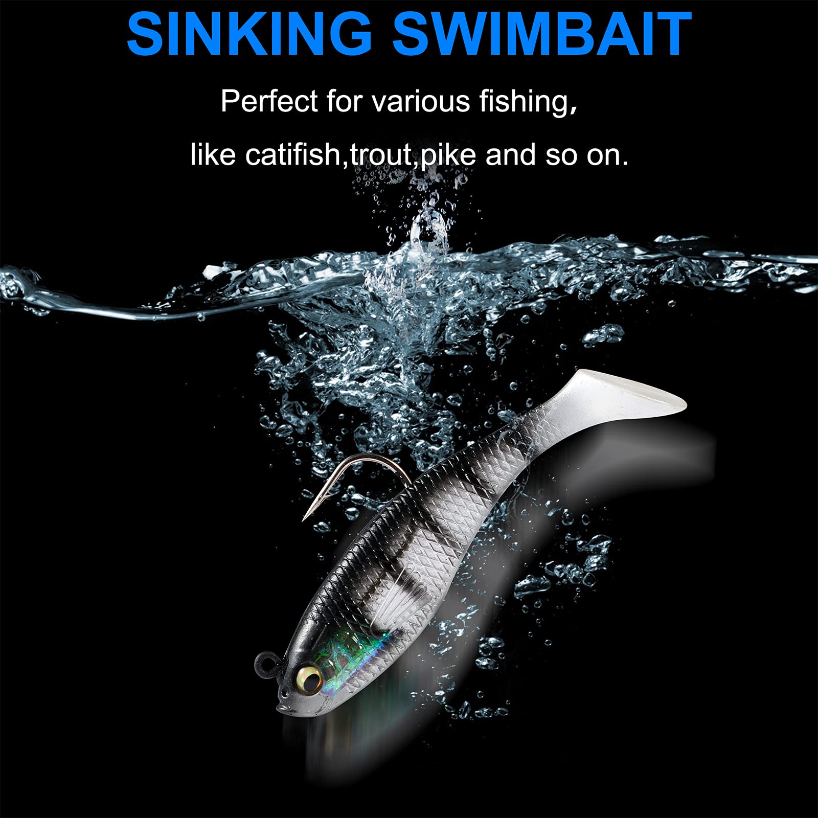PLUSINNO Fishing Lures Kit - Pre-Rigged Soft Swimbaits with Ultra-Sharp Hooks for Trout, Pike, Walleye & Bass | Paddle Tail Jig Heads for Saltwater & Freshwater Fishing | Ideal for Kayak, Boat and Shore Fishing Adventures