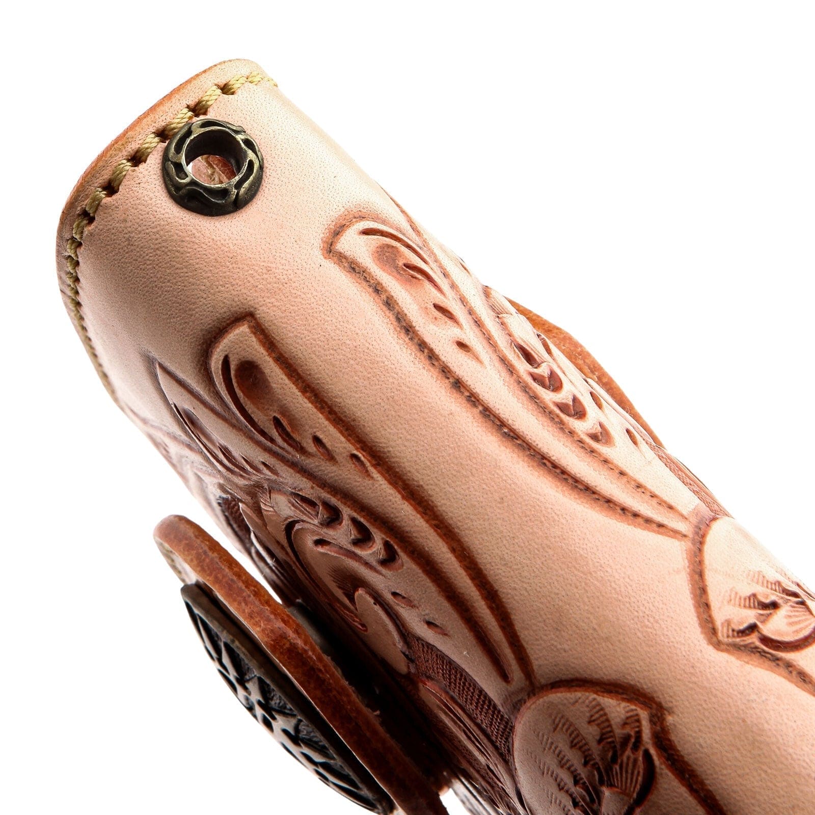 Light Brown Floral Tooled Leather Western Biker Wallet for Men - Vintage Cowboy Style Money Clip Billfold for Motorcycle Riders & Outdoor Enthusiasts