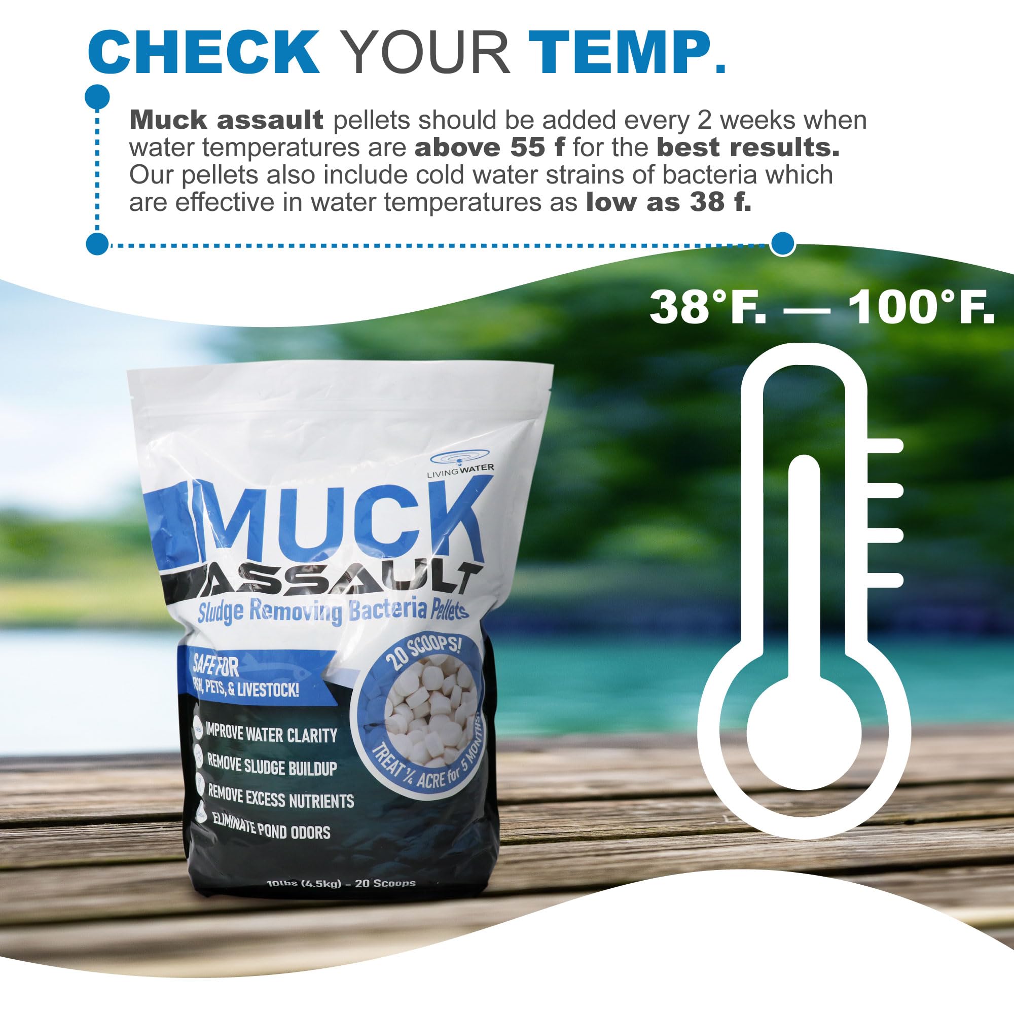 **Muck Assault Pond Sludge Remover Pellets - Natural Pond Cleaner with Beneficial Bacteria & Enzymes - Clears Murky Water, Eliminates Pond Odor - Safe for Fish, Plants & Swimming - 10 lbs for Ponds, Lakes & Water Gardens**