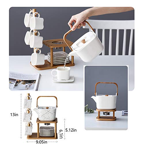 14-Piece Ceramic Teapot Set - Modern Tea Service with Storage Shelf - Large Golden Teapot for Home & Office - Perfect for Afternoon Tea, Entertaining Guests & Gift Giving